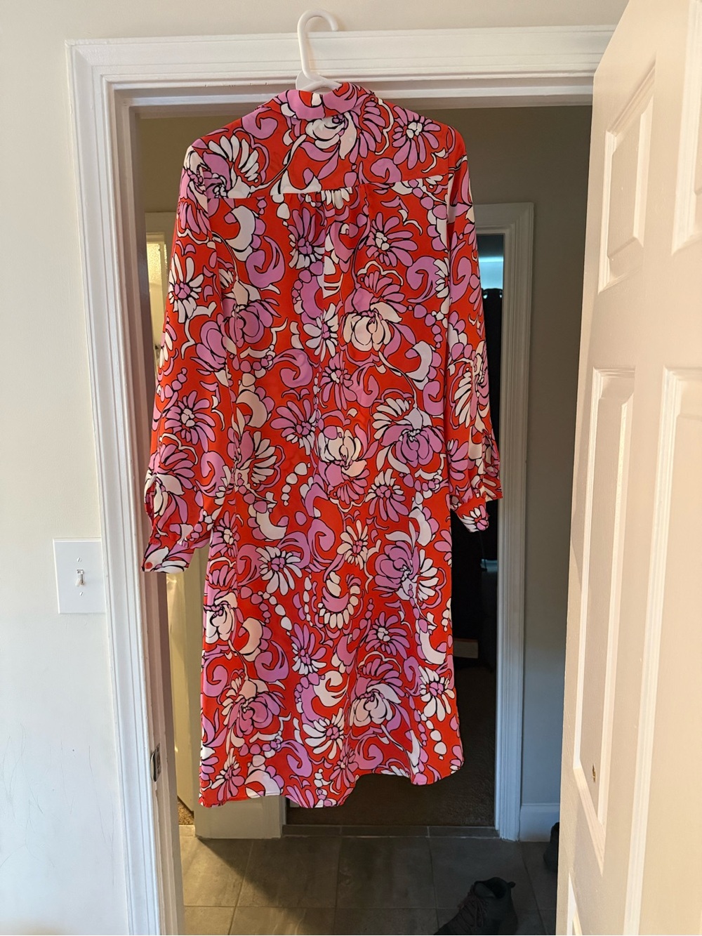 Trina Turk Red Floral Long-Sleeve Shift Dress with Pink Accents